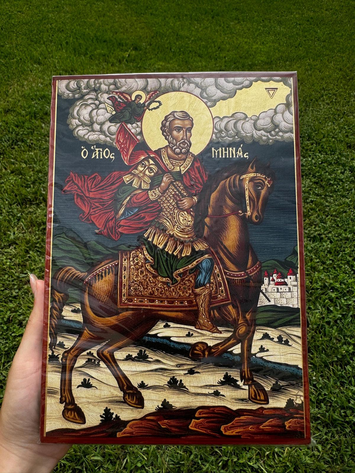 Saint Minas Orthodox Icon | 18kt Gold Leaf Byzantine Icon